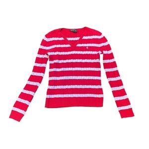 Lauren Ralph Lauren 100% Cotton Sweater Vneck Red & White Stripe Size S July 4th